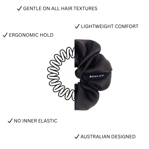 brown smartcore scrunchie with coiled band on a white background, featuring text about product features.