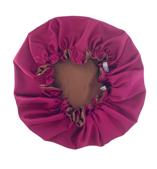 OVERSIZED HAIR BONNET ADJUSTABLE SATIN - PINK & CHOCOLATE BROWN