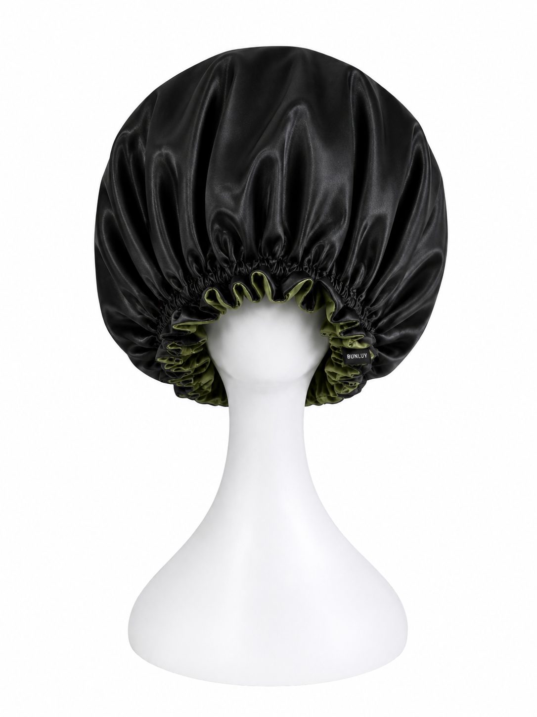 A BUNLUV black & olive green satin bonnet with adjustable elasticised inner band, displayed on a white mannequin head against a white background.