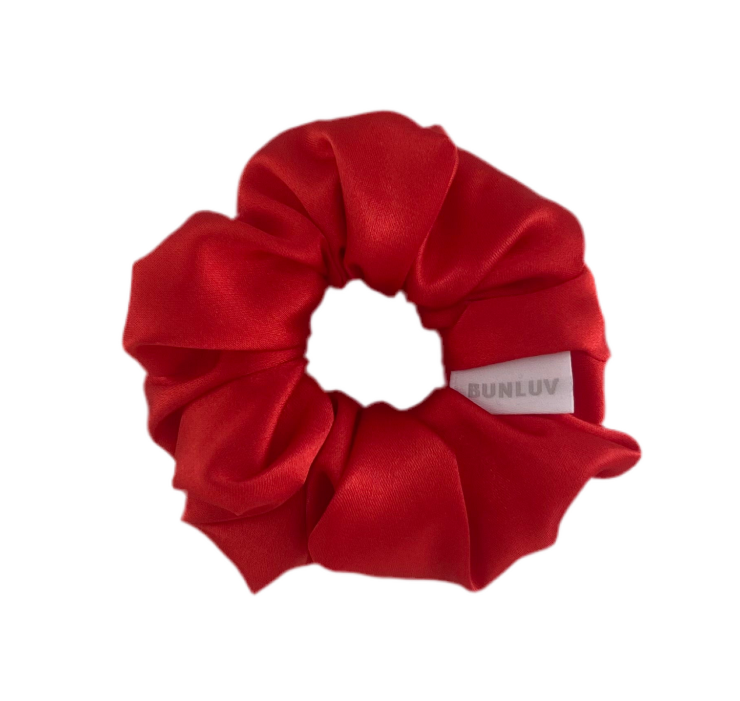 Red BUNLUV SmartCore scrunchie in premium satin