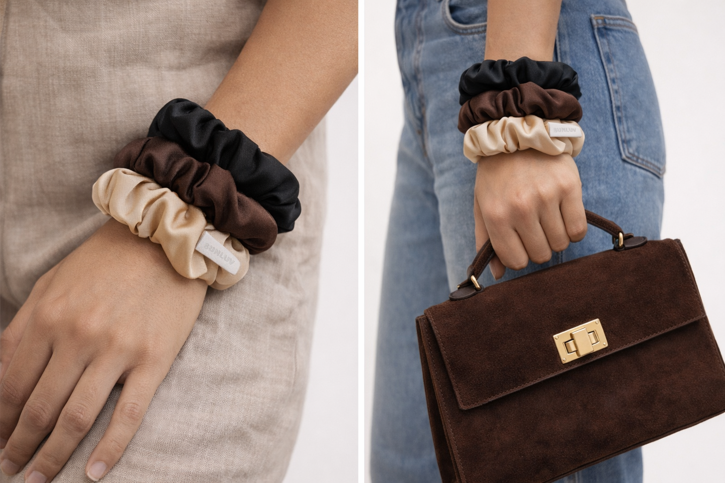 BUNLUV set of 3 hair scrunchies on a hand, with a brown handbag and blue jeans