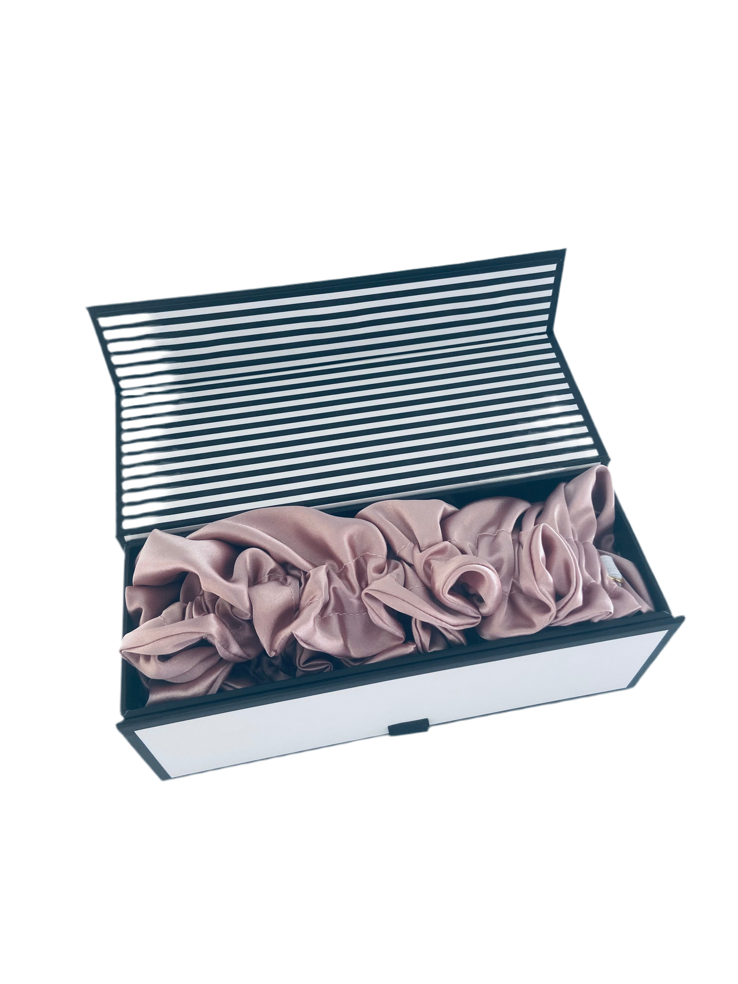 Folded pink bunluv bonnet in a striped box on a white background