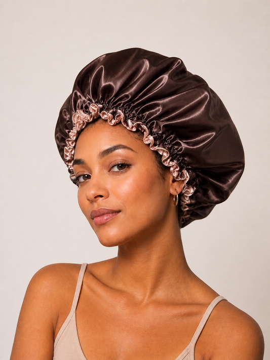 Woman wearing a dark chocolate and rose gold satin bunluv bonnet against a plain background