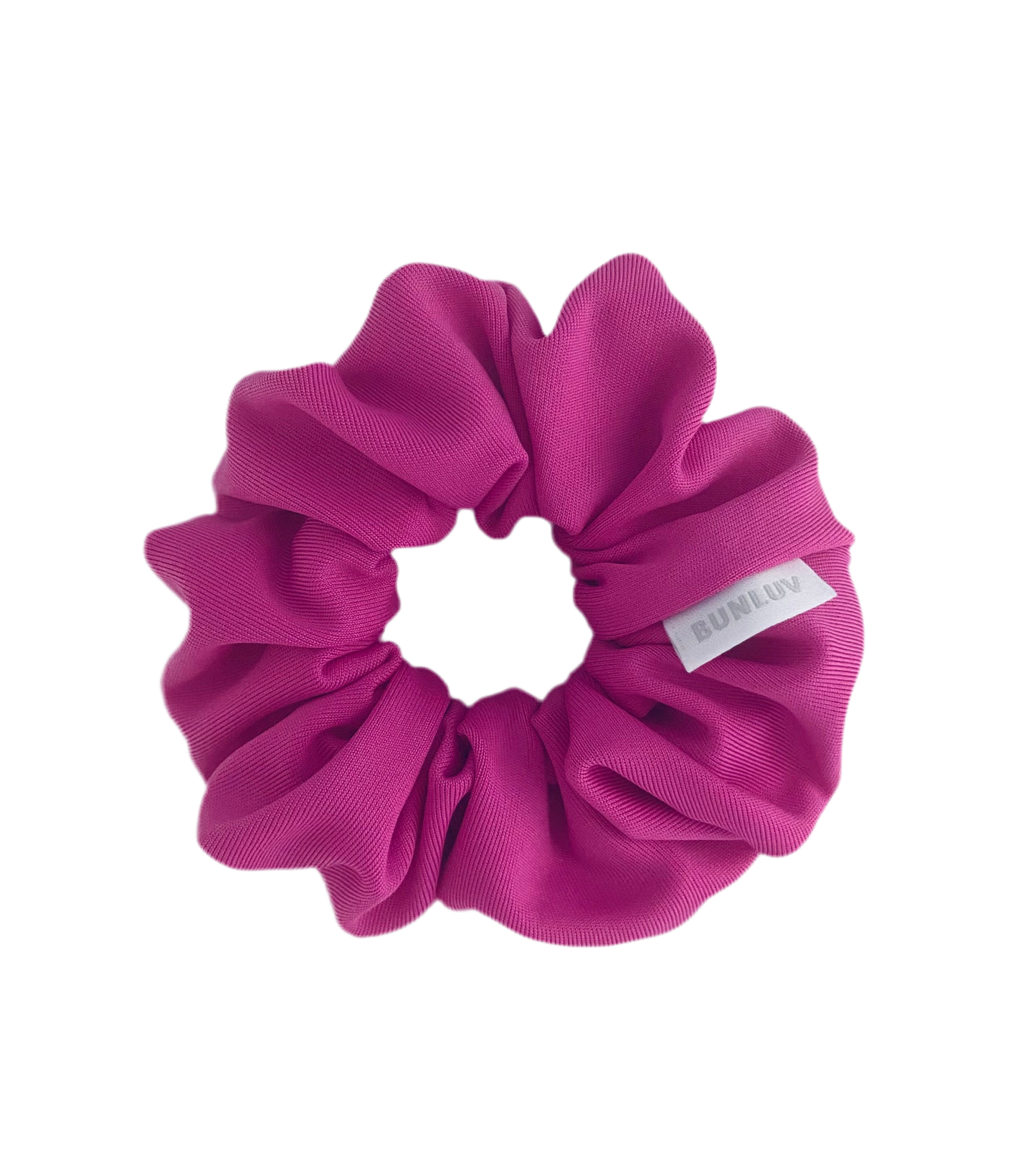 Hot pink active scrunchie close-up by BUNLUV on white background