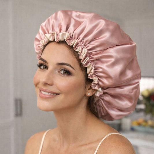 Woman wearing a pink and ivory bunluv bonnet