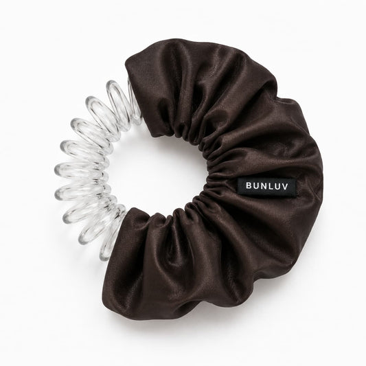 dark brown satin scrunchie with clear spiral design on a white background, by BUNLUV