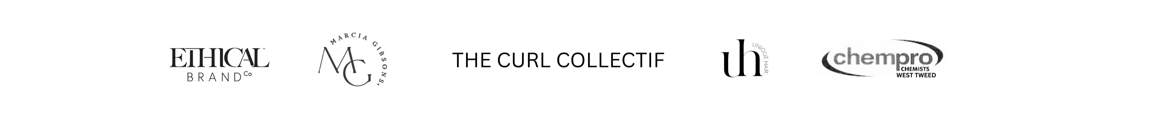 Logos of Ethical Brand, The Curl Collectif, marcai gibsons, unique hair me and Chempro west tweed on a white background