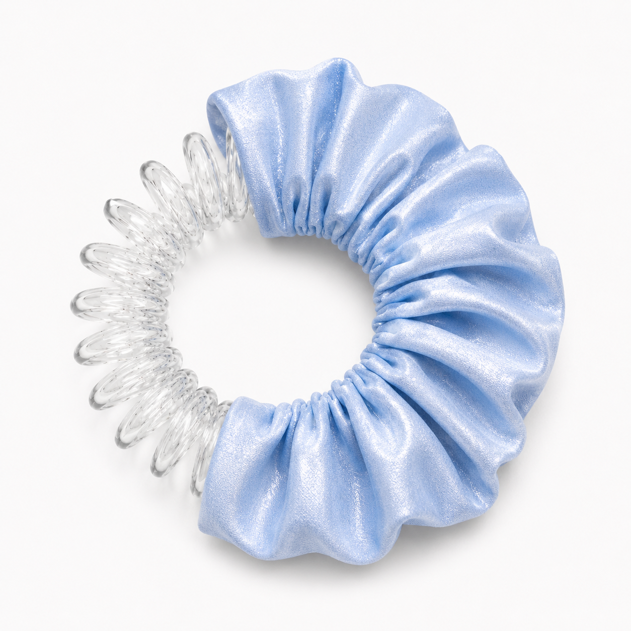 school light blue scrunchie with clear spiral design on a white background, by BUNLUV