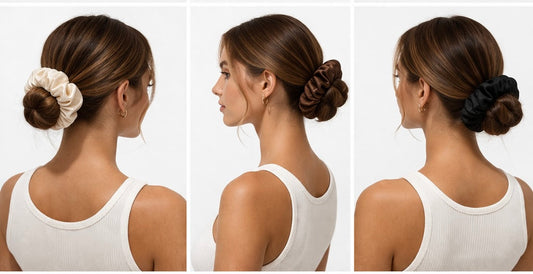 Three different angles of woman wearing bunluv smartcore scrunchie in nude, chocolate and black silk.