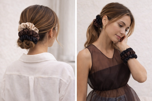 two women wearing bunluv scrunchies in different styles 