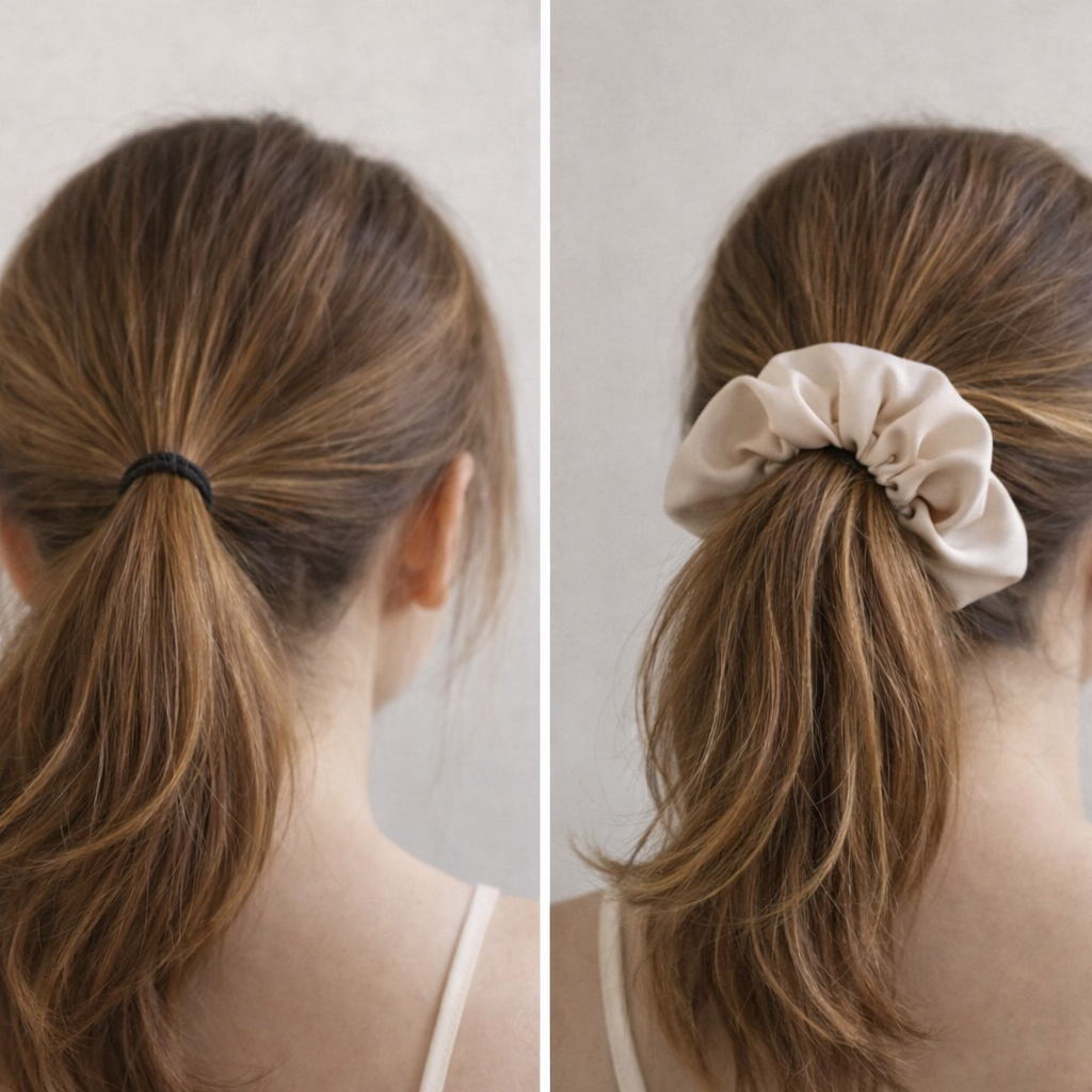 Side-by-side comparison of hair styled with an elastic hair tie and a Smartcore scrunchie.