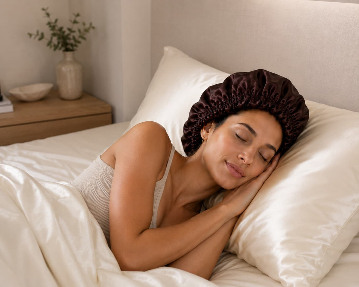 A woman lying in bed with her eyes closed, wearing a dark chocolate BUNLUV satin bonnet and white bedding and silk pillowcase.