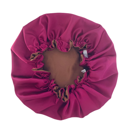 OVERSIZED HAIR BONNET ADJUSTABLE SATIN - PINK & CHOCOLATE BROWN