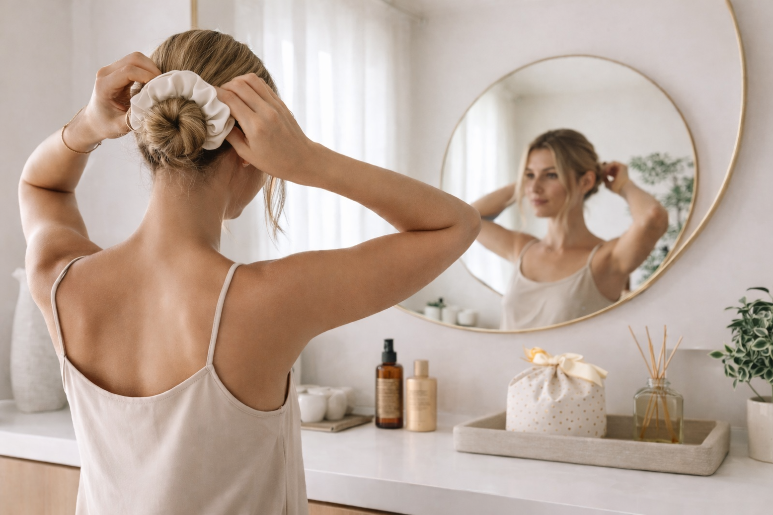 Woman styling her hair in front of a mirror in a bright, minimalistic room with a BUNLUV scrunchie for everyday wear and soft hairstyles