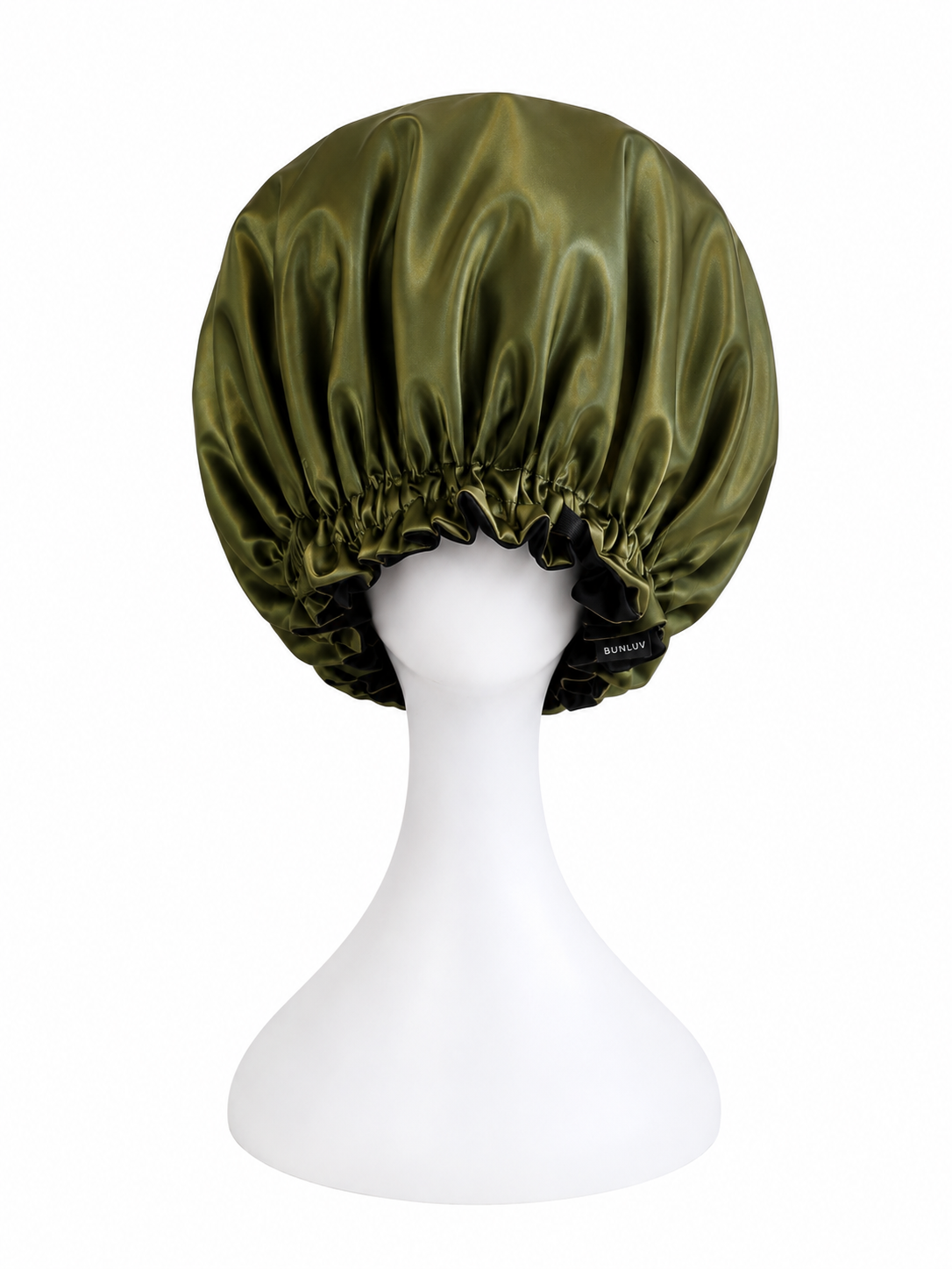A BUNLUV olive green & black satin bonnet displayed on a white mannequin head against a plain white background.