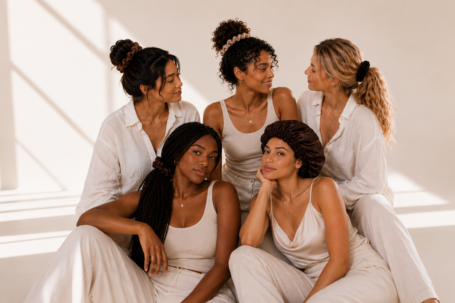 Five women sitting together in a bright, sunlit room, wearing matching white tank tops and white pants. All wearing bunluv scrunchies or bonnets.