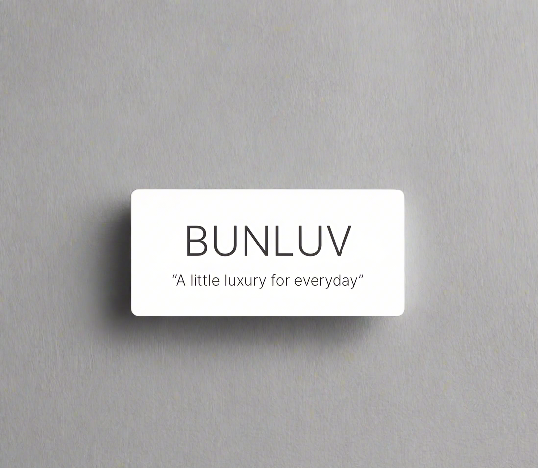 White rectangular label with 'BUNLUV' and tagline on a gray background