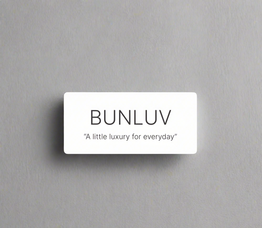 White rectangular label with 'BUNLUV' and tagline on a gray background