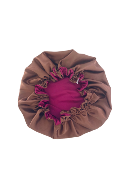 OVERSIZED HAIR BONNET ADJUSTABLE SATIN - PINK & CHOCOLATE BROWN