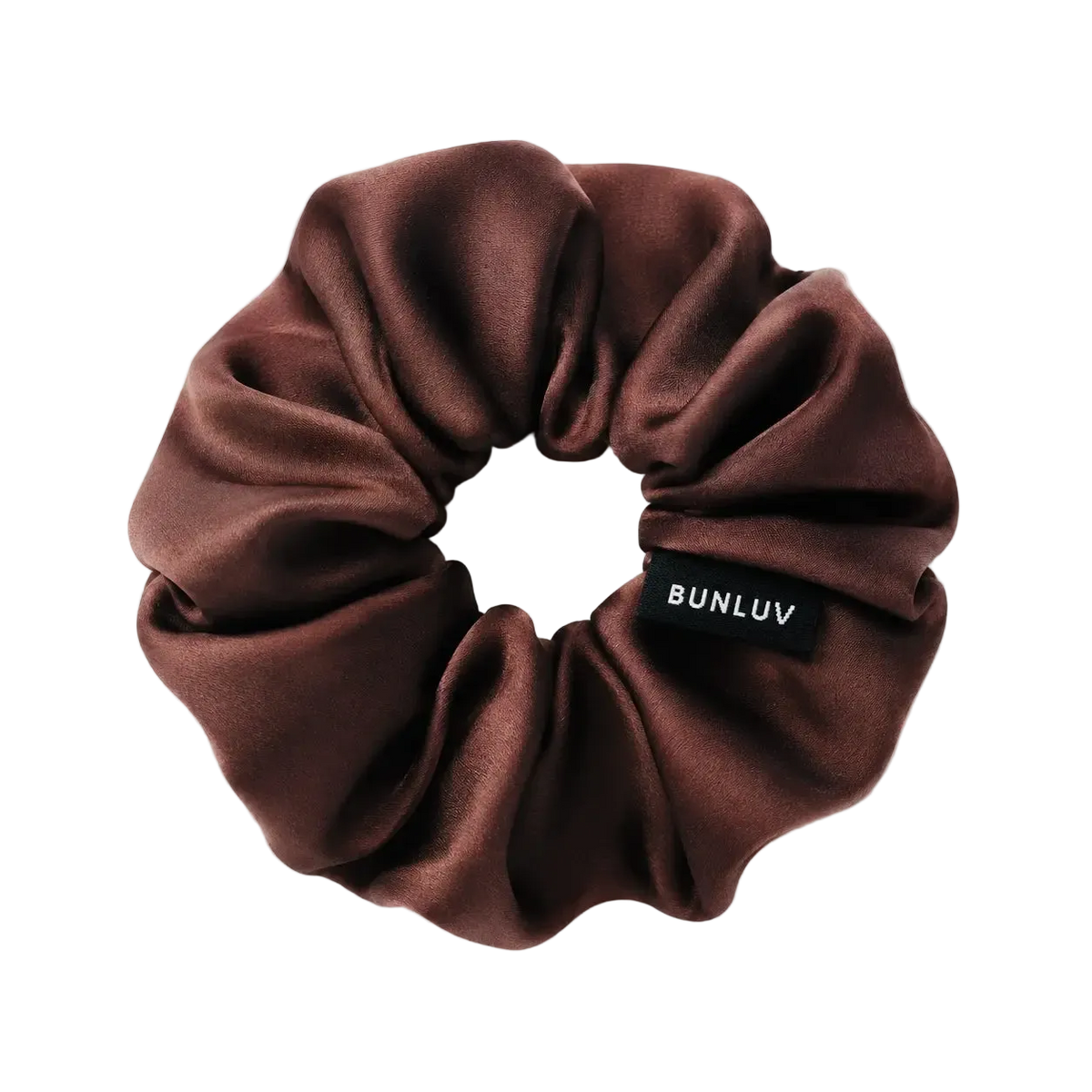 A BUNLUV rosewood brown mulberry silk scrunchie with a black brand label reading 'BUNLUV' on a clean white background.