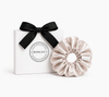 Beige satin scrunchie by BUNLUV, shown with gift box