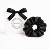 Black satin scrunchie by BUNLUV, shown with gift box