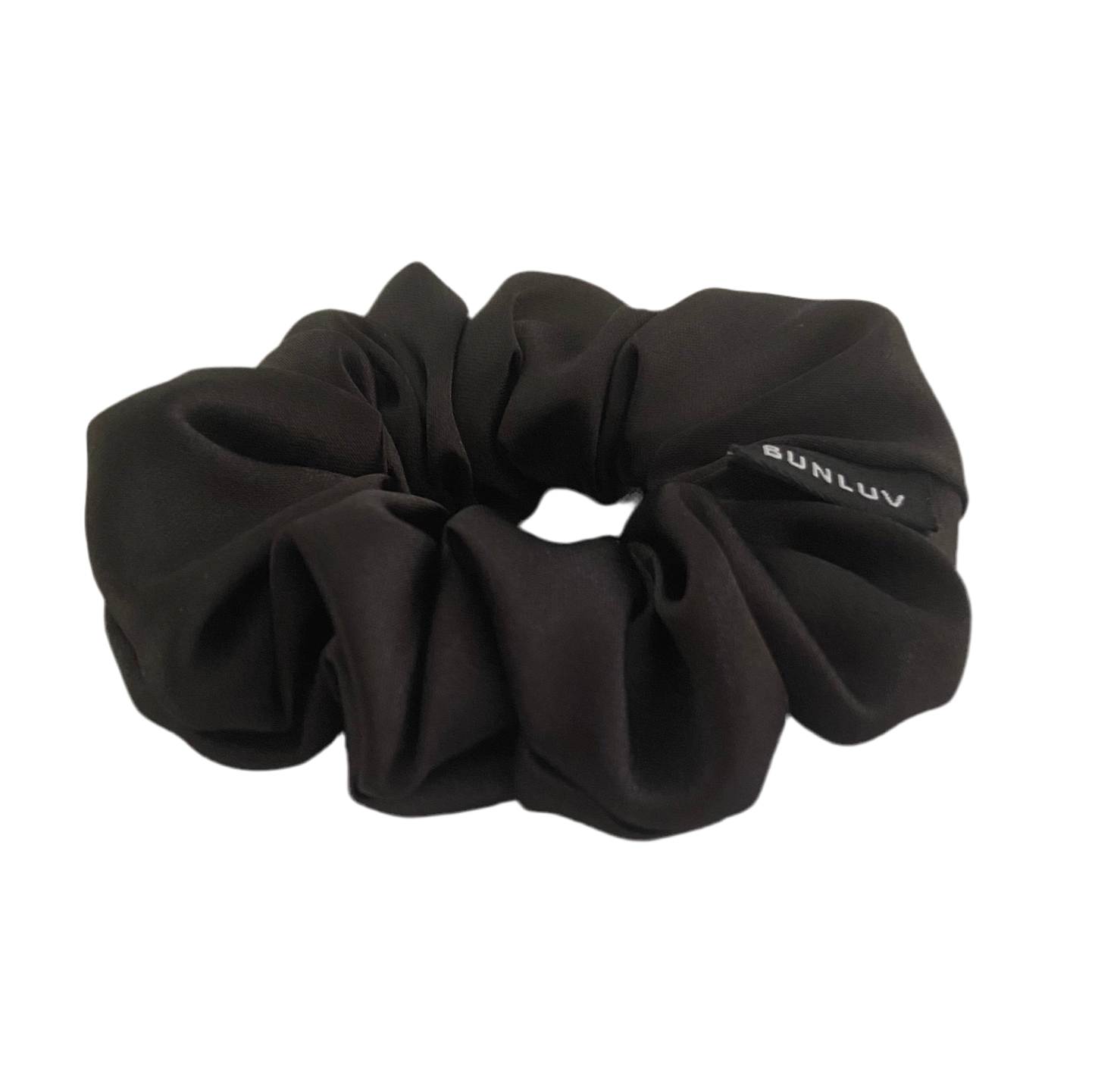 Black mulberry silk scrunchie by BUNLUV, shown with gift box