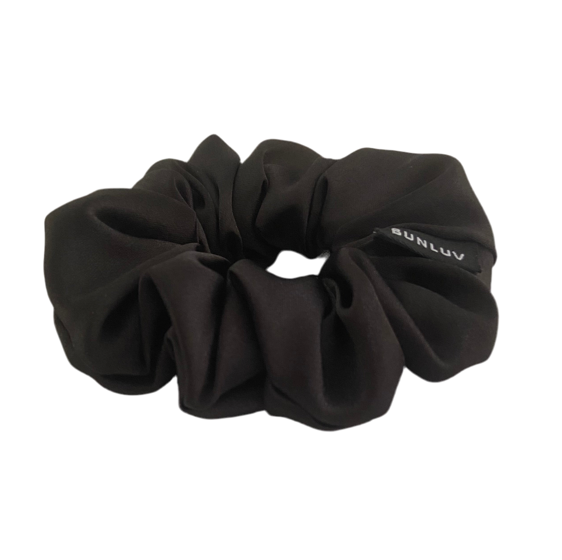 Black mulberry silk scrunchie by BUNLUV, shown with gift box