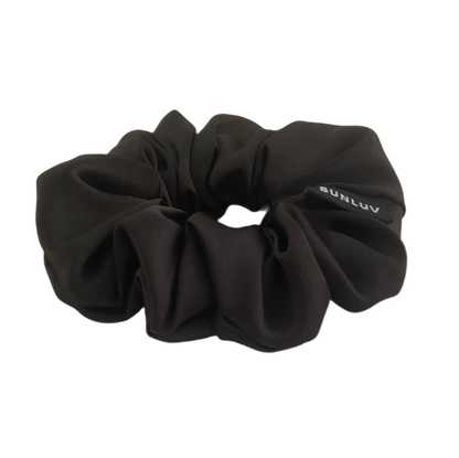 Black mulberry silk scrunchie by BUNLUV, shown with gift box