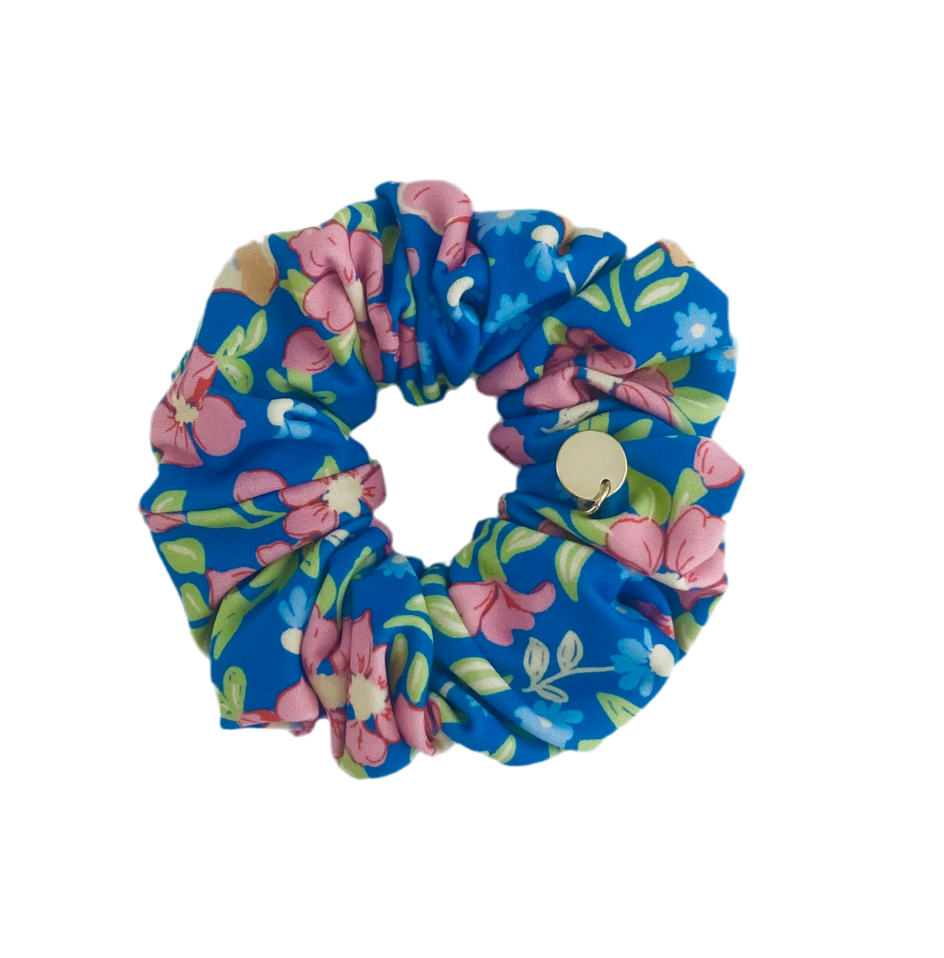 Blue floral swim scrunchie by BUNLUV, on a white background