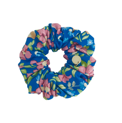 Blue floral swim scrunchie by BUNLUV, on a white background