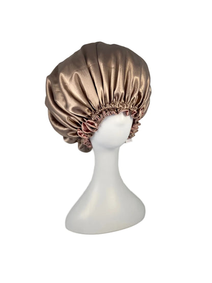 BUNLUV Bonnet Pink & Fog Satin (Fog side view showing on mannequin)