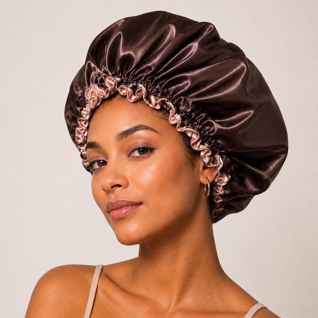 Woman wearing a bunluv satin dark chocolate and rose gold bonnet