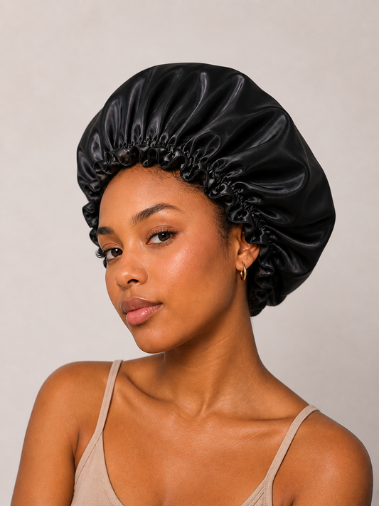 Woman wearing a black satin bunluv bonnet against a plain background