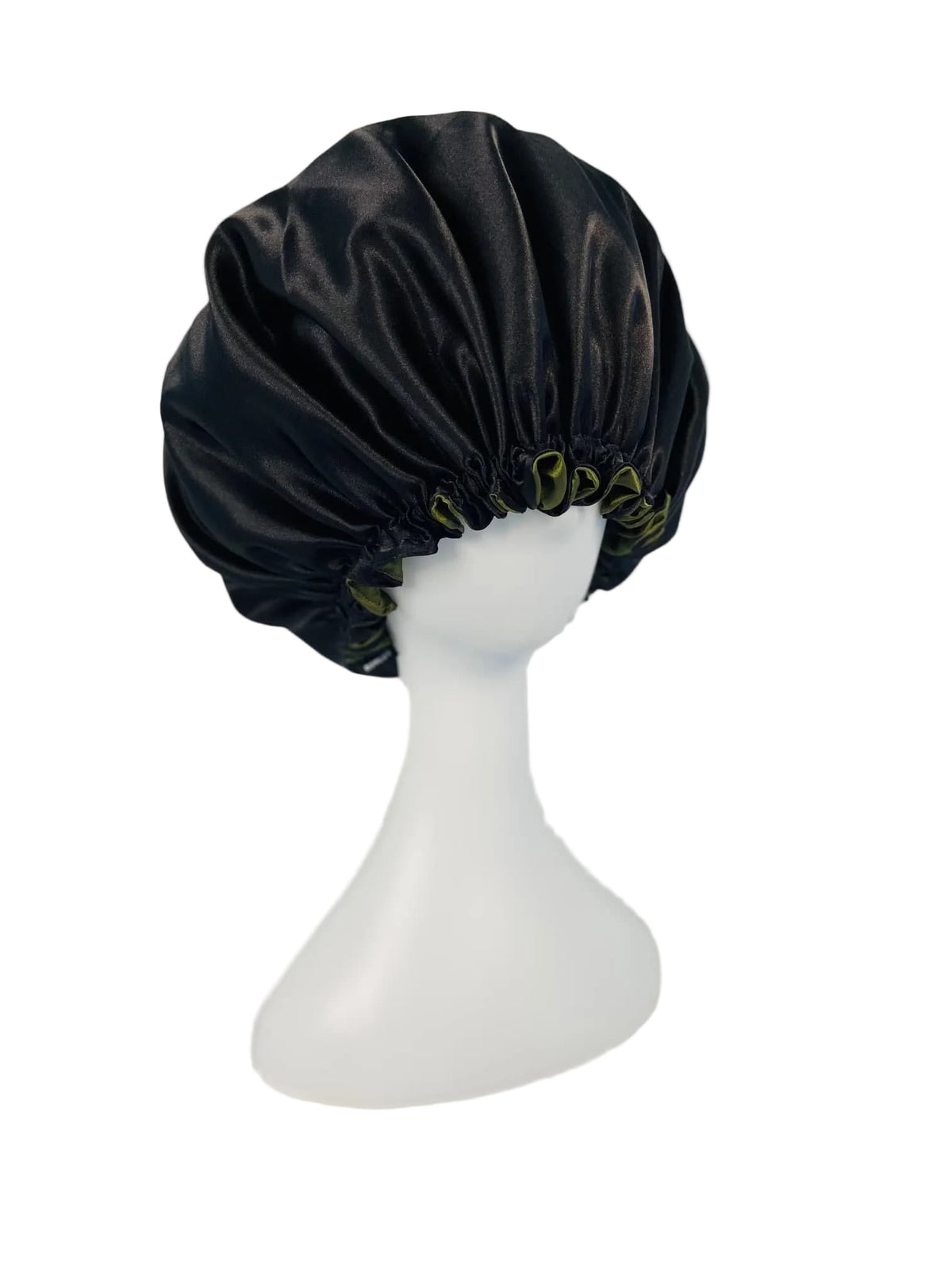 BUNLUV Olive Black Bonnet Satin on White Mannequin (Black side showing)