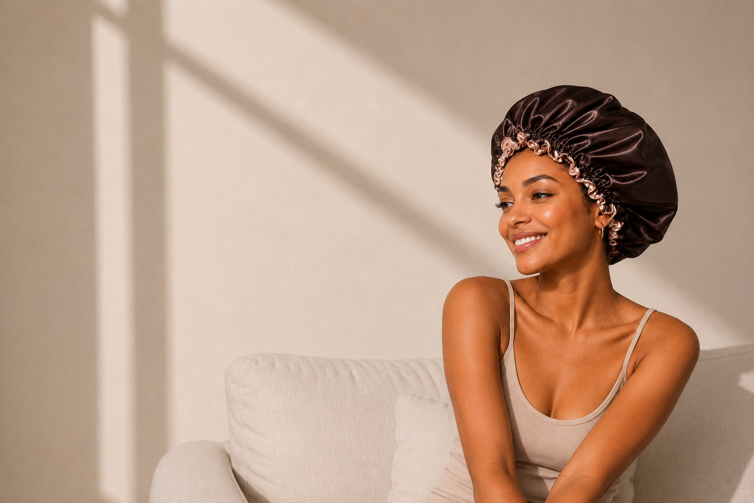 Woman wearing a bunluv sleep bonnet in dark chocolate and rose gold