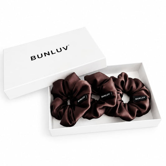Set of 3 dark chocolate brown mulberry silk bunluv smartcore scrunchies in box original image with AI corrected white background