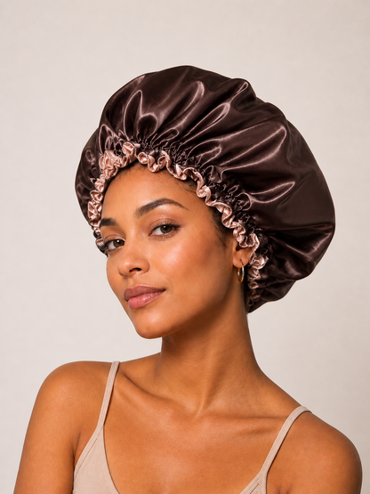 Woman wearing a dark chocolate and rose gold satin bunluv bonnet against a plain background
