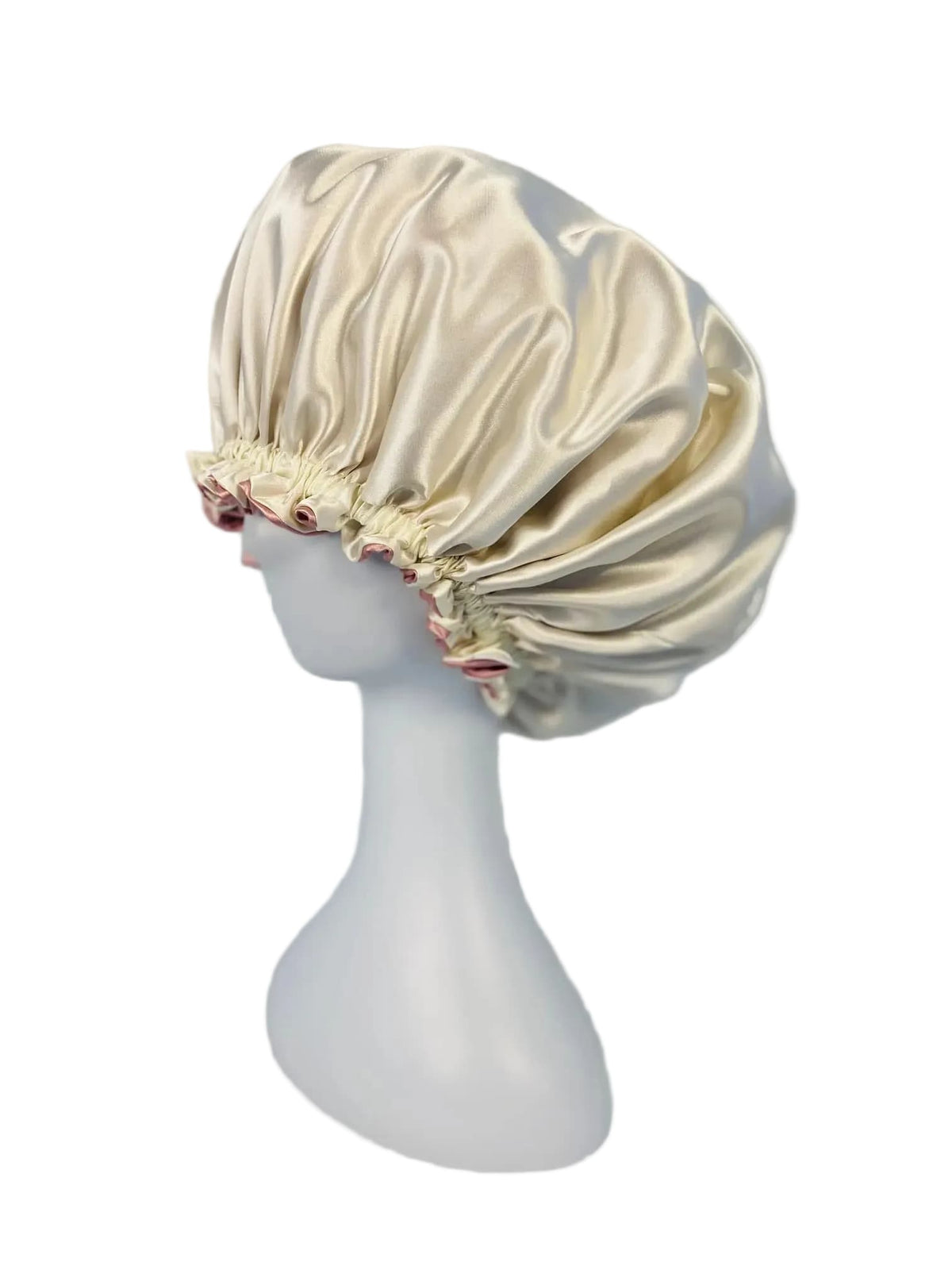 BUNLUV Pink Ivory Bonnet Satin on White Mannequin (Ivory side view showing)