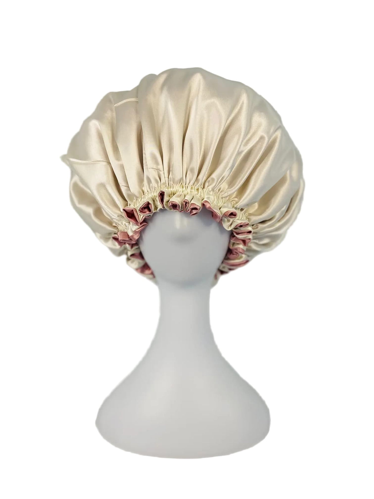 BUNLUV Pink Ivory Bonnet Satin on White Mannequin (Ivory side showing)