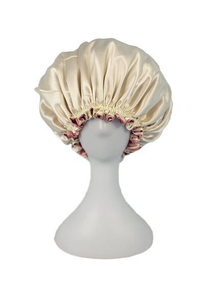 BUNLUV Pink Ivory Bonnet Satin on White Mannequin (Ivory side showing)