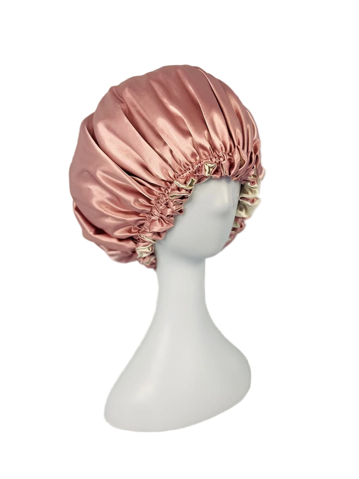 BUNLUV Pink Ivory Bonnet Satin on White Mannequin (Pink side view  showing)