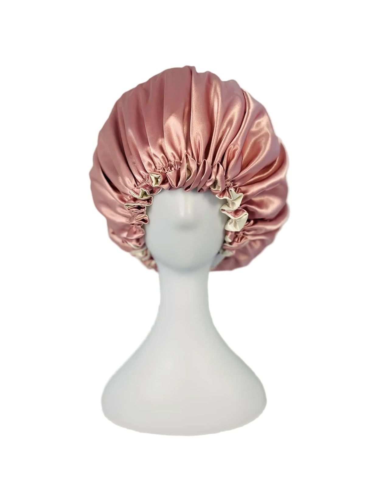 BUNLUV Pink Ivory Bonnet Satin on White Mannequin (Pink side showing)