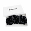 Set of 3 black mulberry silk bunluv smartcore scrunchies in a bunluv box original photo with ai white background