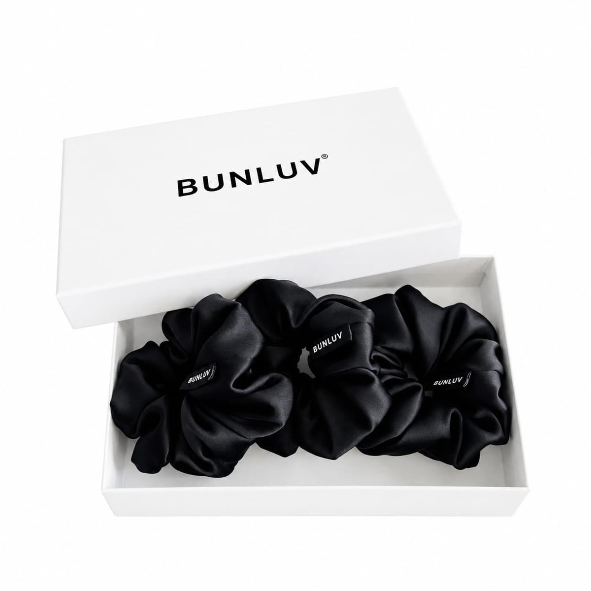 Set of 3 black mulberry silk bunluv smartcore scrunchies in a bunluv box original photo with ai white background