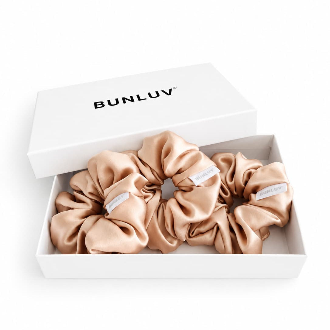 Set of 3 nude mulberry silk bunluv smartcore scrunchies in bunluv box