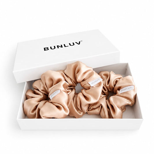 Set of 3 nude mulberry silk bunluv smartcore scrunchies in bunluv box