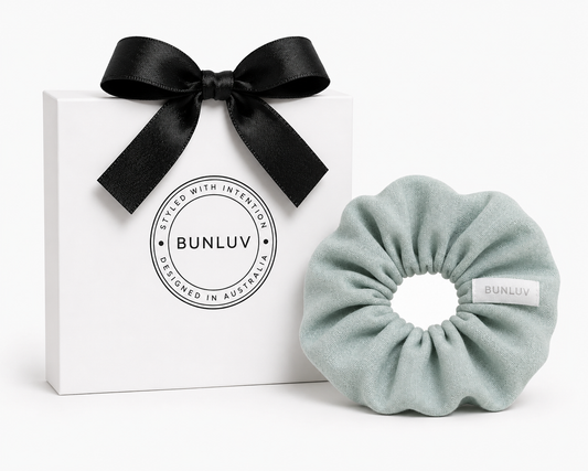 BUNLUV Silk sage spiral scrunchie with packaging