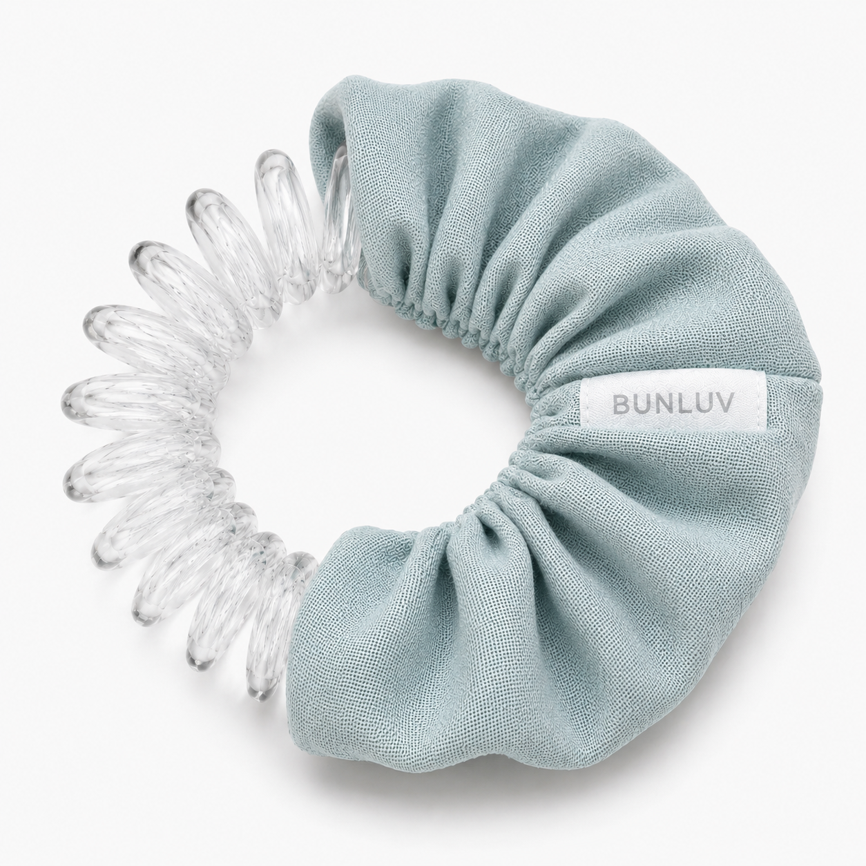 BUNLUV Silk sage spiral scrunchie with spiral showing 