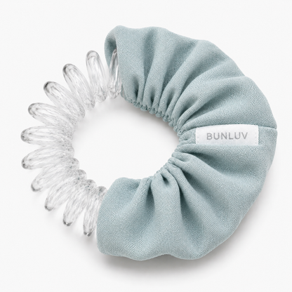BUNLUV Silk sage spiral scrunchie with spiral showing 